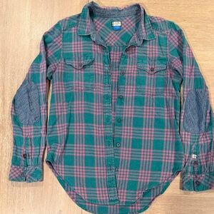 Kavu Green and Pink Plaid Button Down Shirt with denim elbow pads.